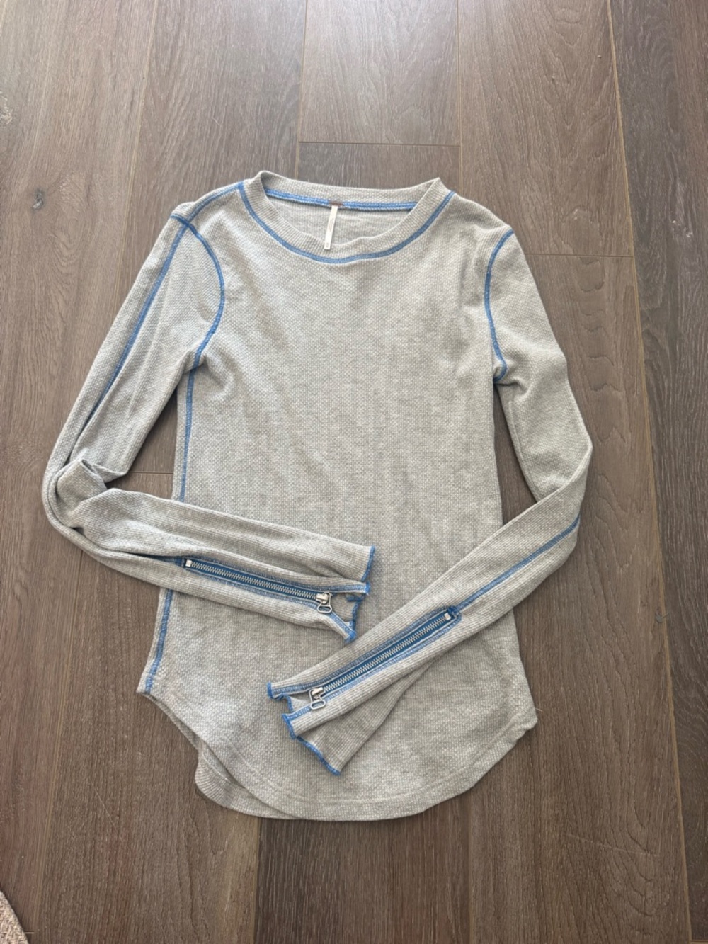 Free People Gray Long Sleeve Tee with Blue Contrast Stitching